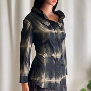 L.A.M.B. Black and Cream Plaid Satin Button-Up Blouse